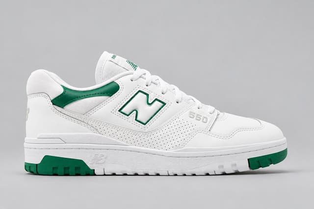 White and green New Balance 550 sneaker in side profile
