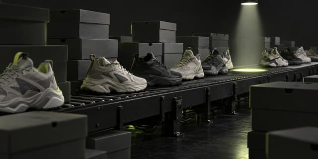 A stream of original, unbranded sneakers moving through a dark warehouse
